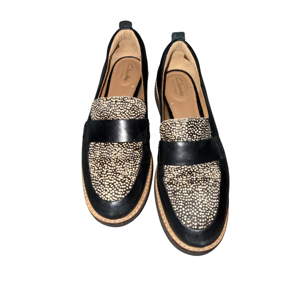 Clarks Black and Cream Patterned Leather Loafers